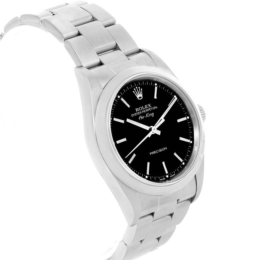 The Rolex Air-King 14000 Men's Stainless Steel Black Dial 14000 Men's Stainless Steel Black Dial watch is shown at a front angle, highlighting its black dial, stainless steel case, and metal bracelet.