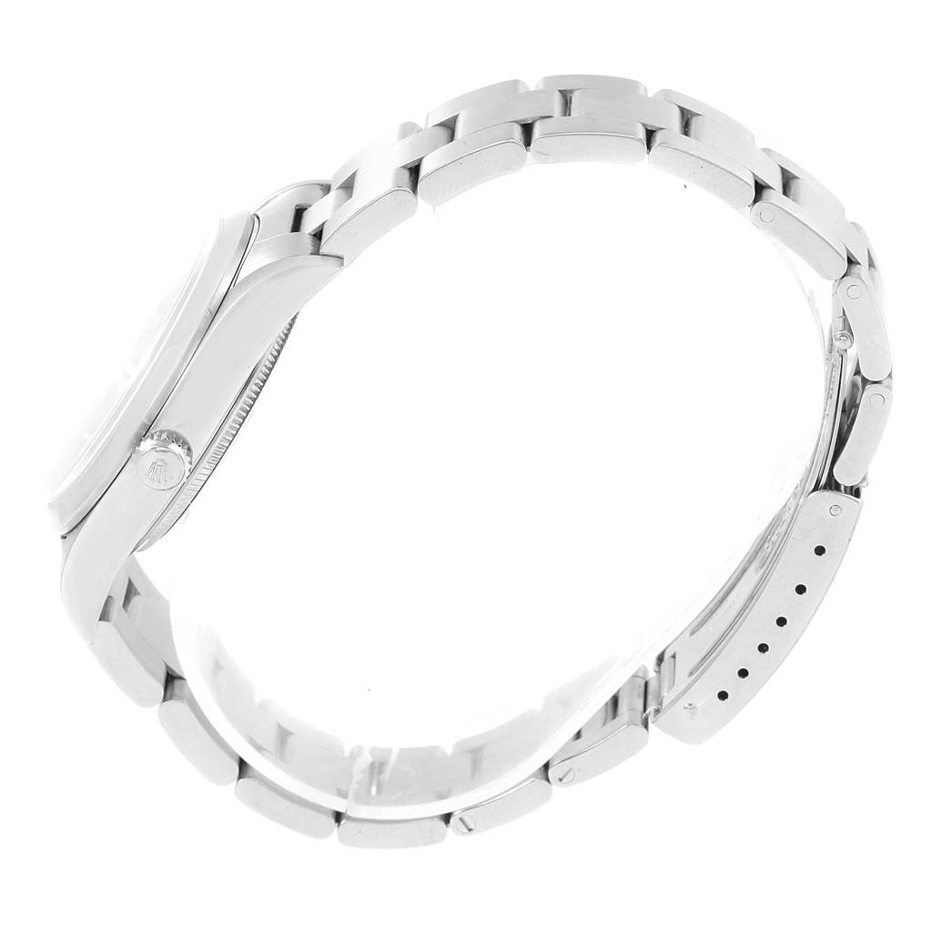 The image shows the side view of a Rolex Air-King 14000 Men's Stainless Steel Black Dial 14000 Men's Stainless Steel Black Dial watch, highlighting its stainless steel case and bracelet.