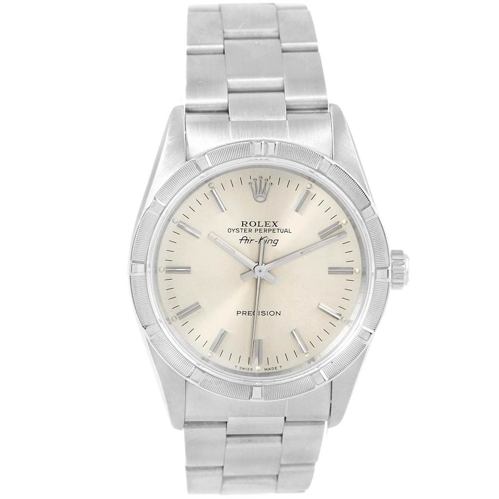 The image shows a front view of a Rolex Air-King 14010 Men's Stainless Steel Silver Dial 14010 Men's Stainless Steel Silver Dial watch, highlighting its dial, hands, crown, and stainless steel bracelet.