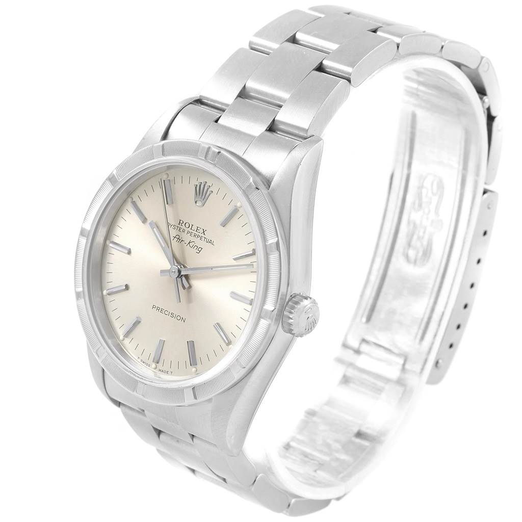 The Rolex Air-King 14010 Men's Stainless Steel Silver Dial 14010 Men's Stainless Steel Silver Dial watch is shown at a slight angle, highlighting the face, bracelet, and crown.