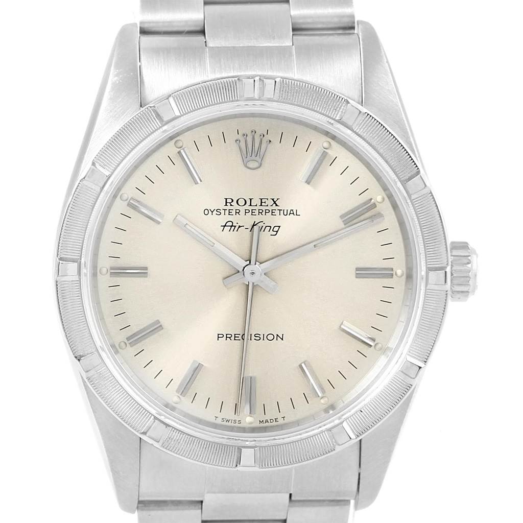 The image shows the front view of the Rolex Air-King 14010 Men's Stainless Steel Silver Dial 14010 Men's Stainless Steel Silver Dial watch, including the dial, hands, and part of the bracelet.