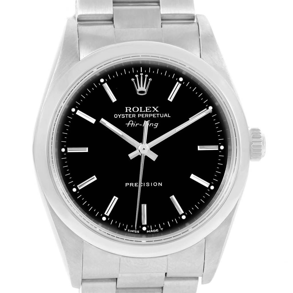 This is a frontal view of the Rolex Air-King 14000 Men's Stainless Steel Black Dial 14000 Men's Stainless Steel Black Dial watch, showing its black dial, silver markers, and bracelet.