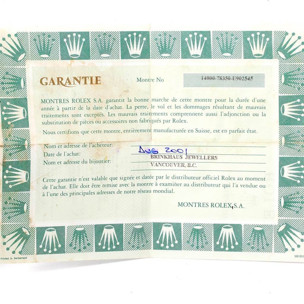 This image shows a warranty card for a Rolex Air-King 14000 Men's Stainless Steel Black Dial 14000 Men's Stainless Steel Black Dial watch, including purchase and jeweller details.