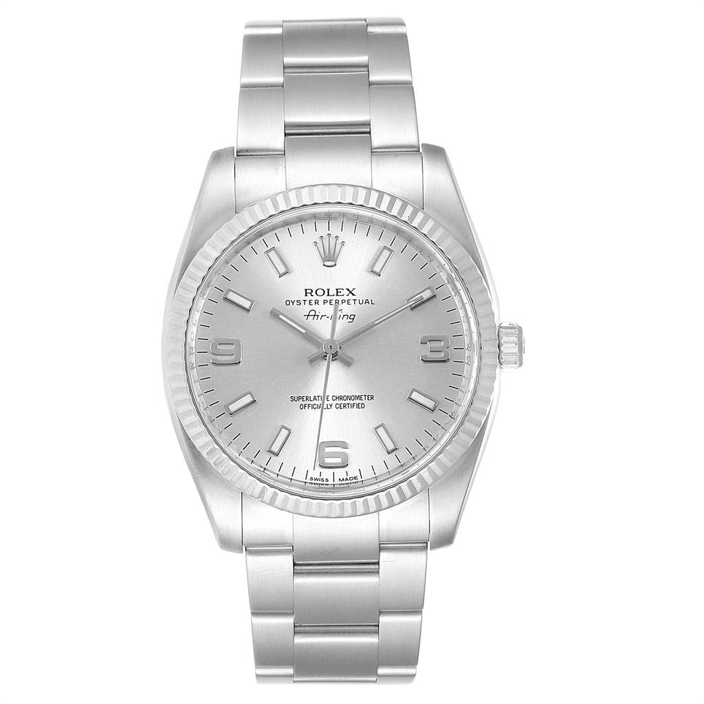 The Rolex Air-King 114234 Men's Stainless Steel Silver Dial 114234 Men's Stainless Steel Silver Dial watch is shown from a front angle, displaying the face, bezel, crown, and bracelet.