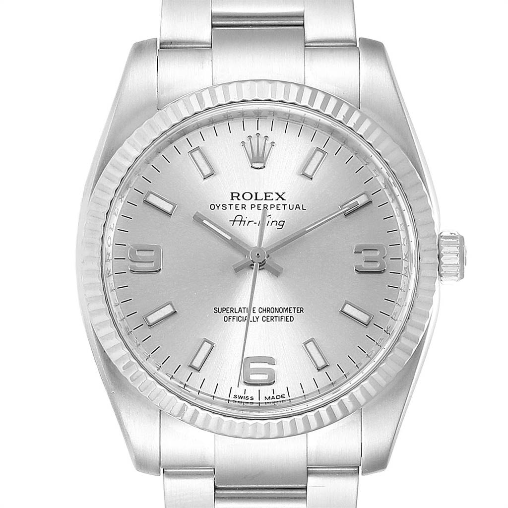 This image shows a front view of a Rolex Air-King 114234 Men's Stainless Steel Silver Dial 114234 Men's Stainless Steel Silver Dial watch, highlighting its dial, bezel, and part of the bracelet.
