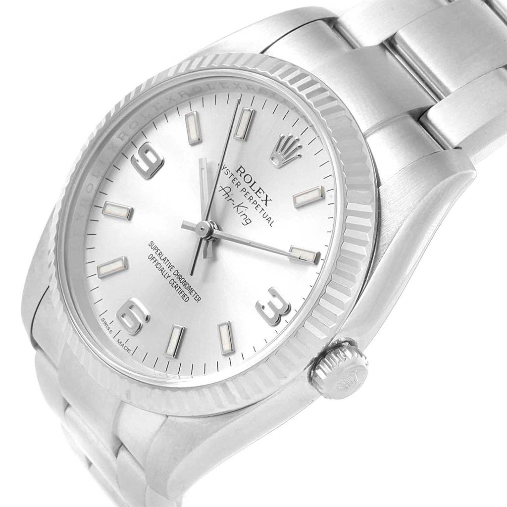 The image shows a close-up, angled view of the Rolex Air-King 114234 Men's Stainless Steel Silver Dial 114234 Men's Stainless Steel Silver Dial model, displaying its face, bezel, and part of the band.
