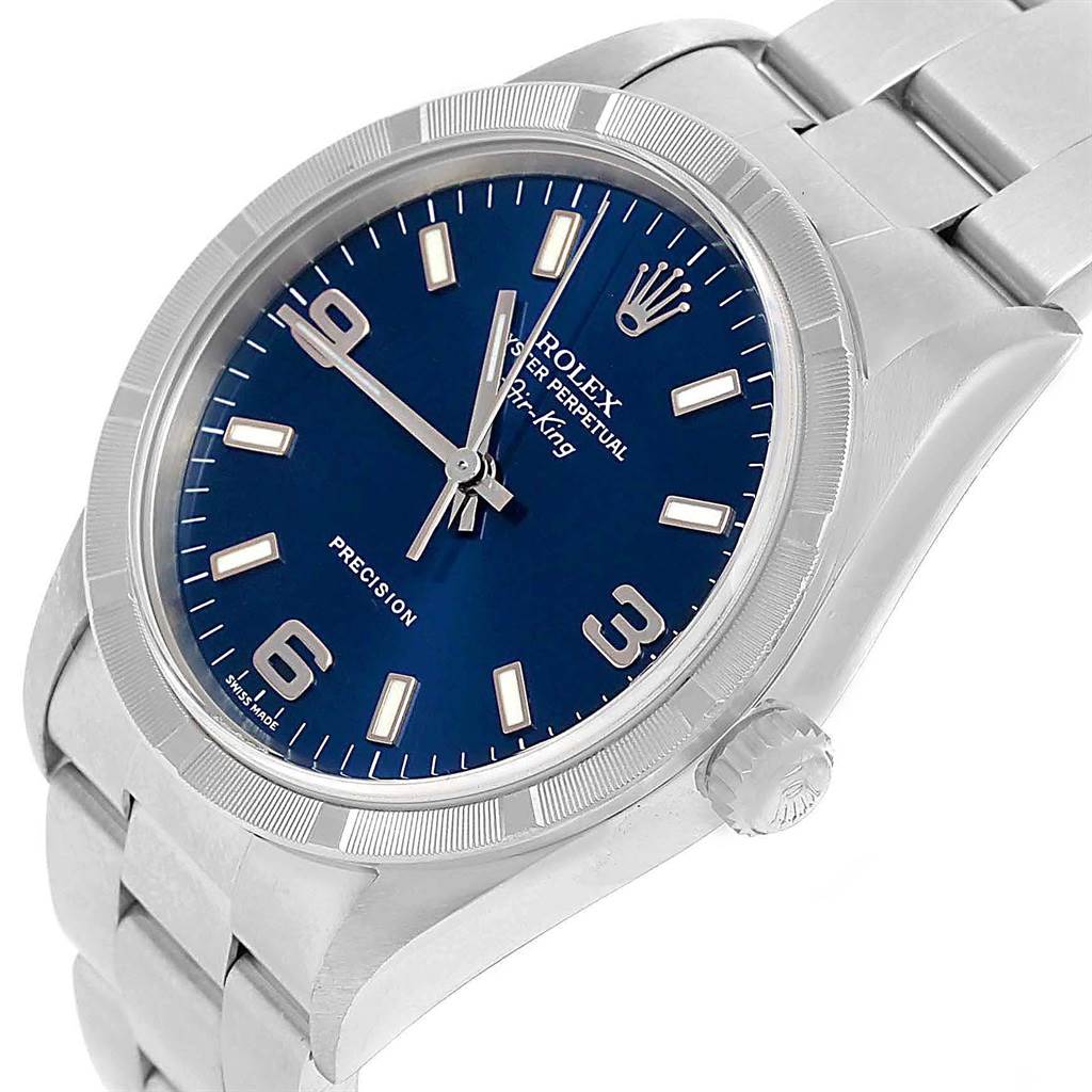 This image shows a close-up angle of the Rolex Air-King 14010 Men's Stainless Steel Blue Dial 14010 Men's Stainless Steel Blue Dial watch, highlighting its dial, bezel, crown, and part of the bracelet.
