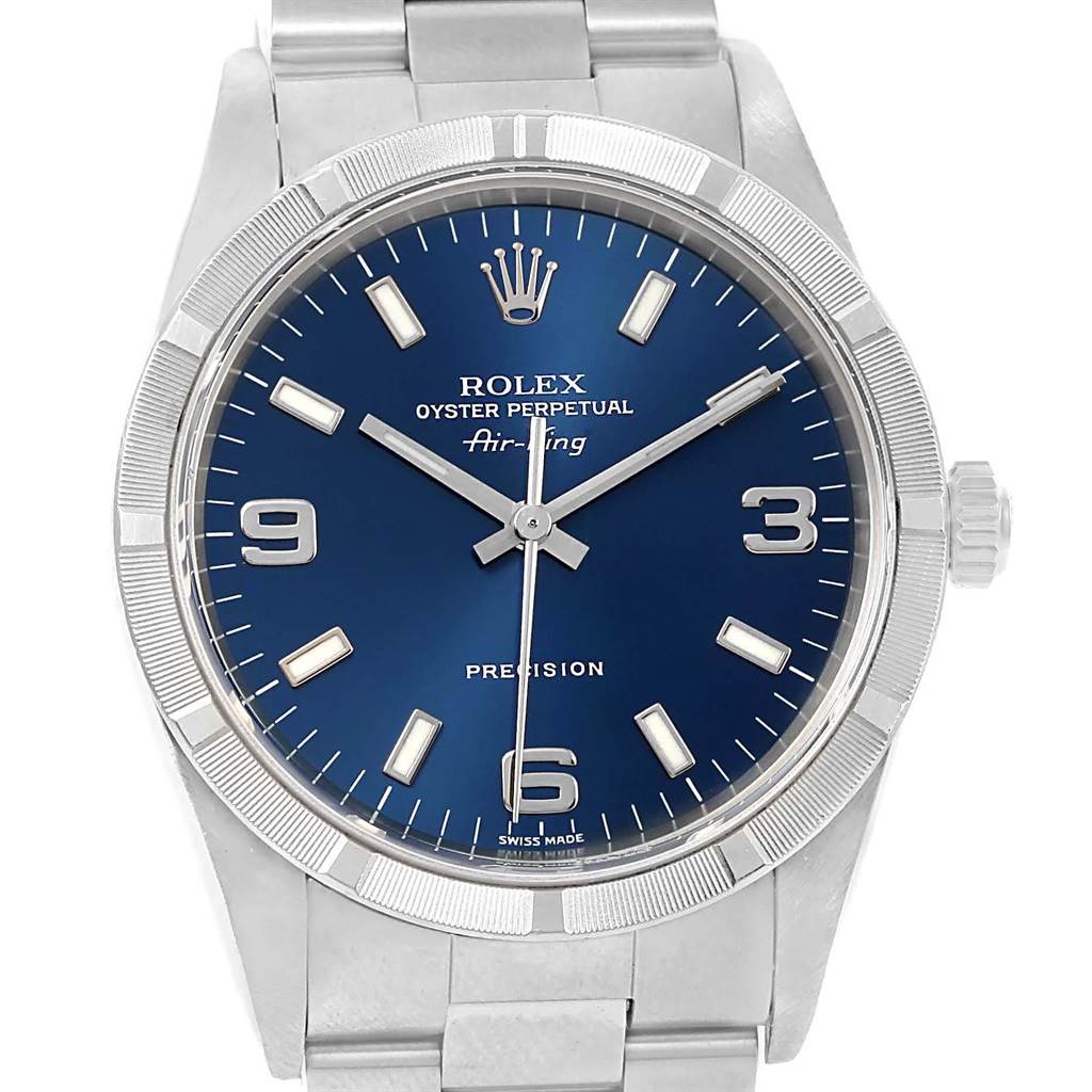 The image shows a front view of the Rolex Air-King 14010 Men's Stainless Steel Blue Dial 14010 Men's Stainless Steel Blue Dial watch, displaying the dial, bezel, and part of the bracelet.