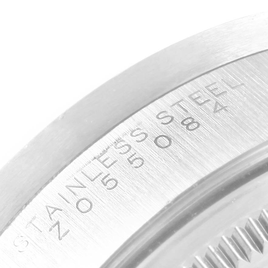 This image shows a close-up of the stainless steel outer casing of the Rolex Air-King 14010 Men's Stainless Steel Blue Dial 14010 Men's Stainless Steel Blue Dial watch.