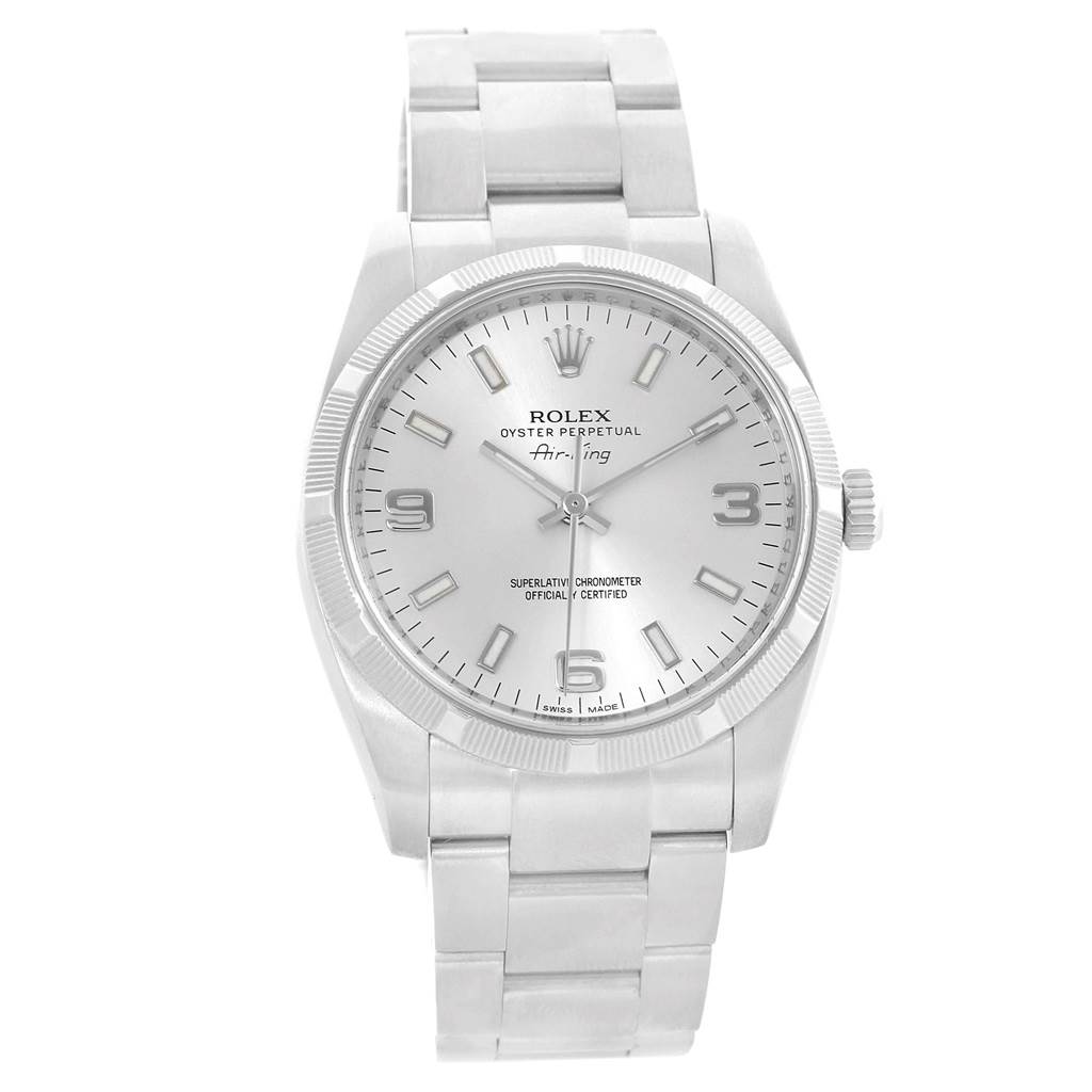 The image shows a Rolex Air-King 114210 Men's Stainless Steel Silver Dial 114210 Men's Stainless Steel Silver Dial watch, with a frontal view highlighting the dial, bezel, case, and bracelet.