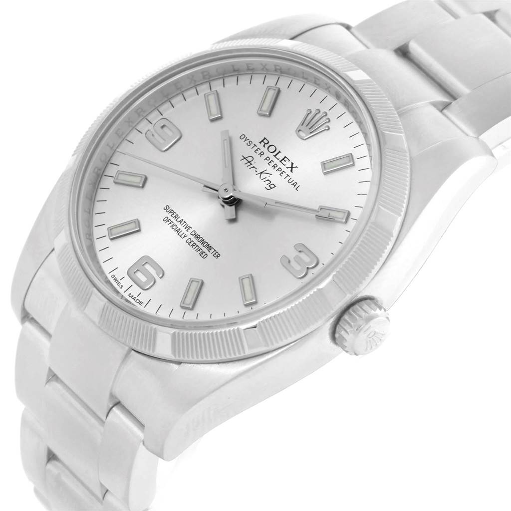 The image shows a Rolex Air-King 114210 Men's Stainless Steel Silver Dial 114210 Men's Stainless Steel Silver Dial watch from an angled perspective, highlighting the dial, crown, and part of the bracelet.