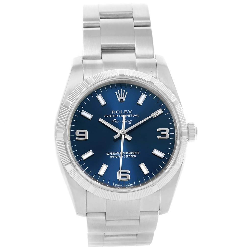 The image shows the front view of a Rolex Air-King 114210 Men's Stainless Steel Blue Dial 114210 Men's Stainless Steel Blue Dial watch, highlighting its blue dial, markers, and stainless steel bracelet.