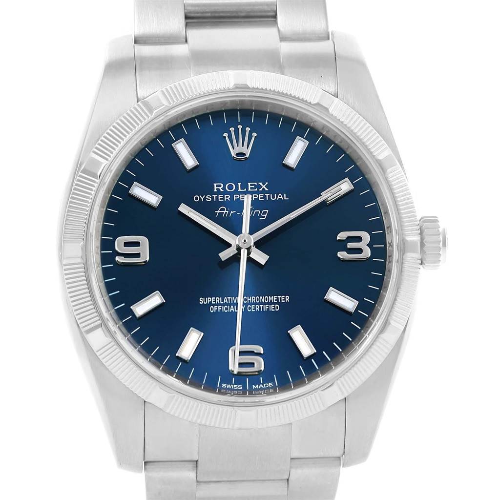 The image shows a front view of the Rolex Air-King 114210 Men's Stainless Steel Blue Dial 114210 Men's Stainless Steel Blue Dial watch, highlighting its blue dial, stainless steel case, and bracelet.