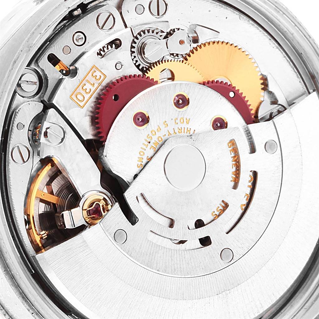 The image shows the inner mechanical parts and movement of a Rolex Air-King 114210 Men's Stainless Steel Blue Dial 114210 Men's Stainless Steel Blue Dial watch, viewed from the back.