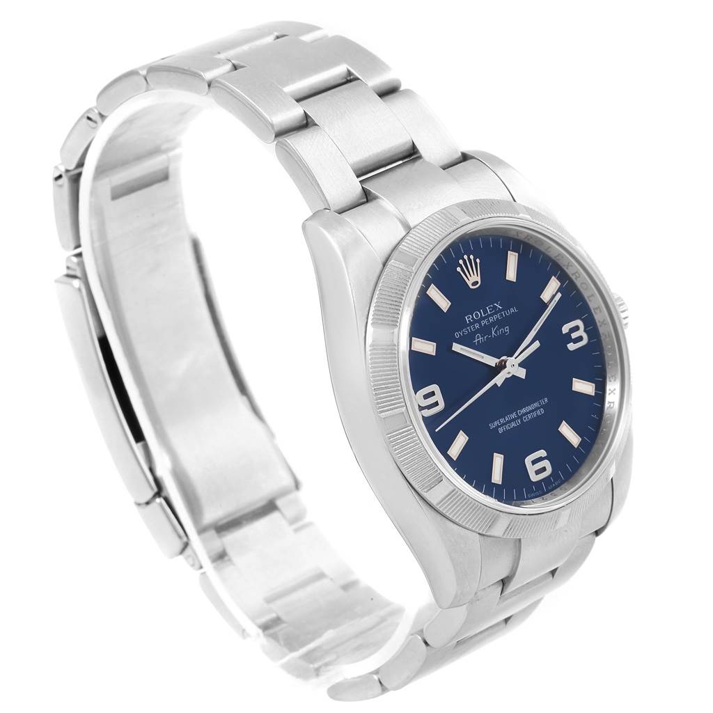 This image displays a Rolex Air-King 114210 Men's Stainless Steel Blue Dial 114210 Men's Stainless Steel Blue Dial watch at an angle, highlighting its stainless steel bracelet and blue dial.