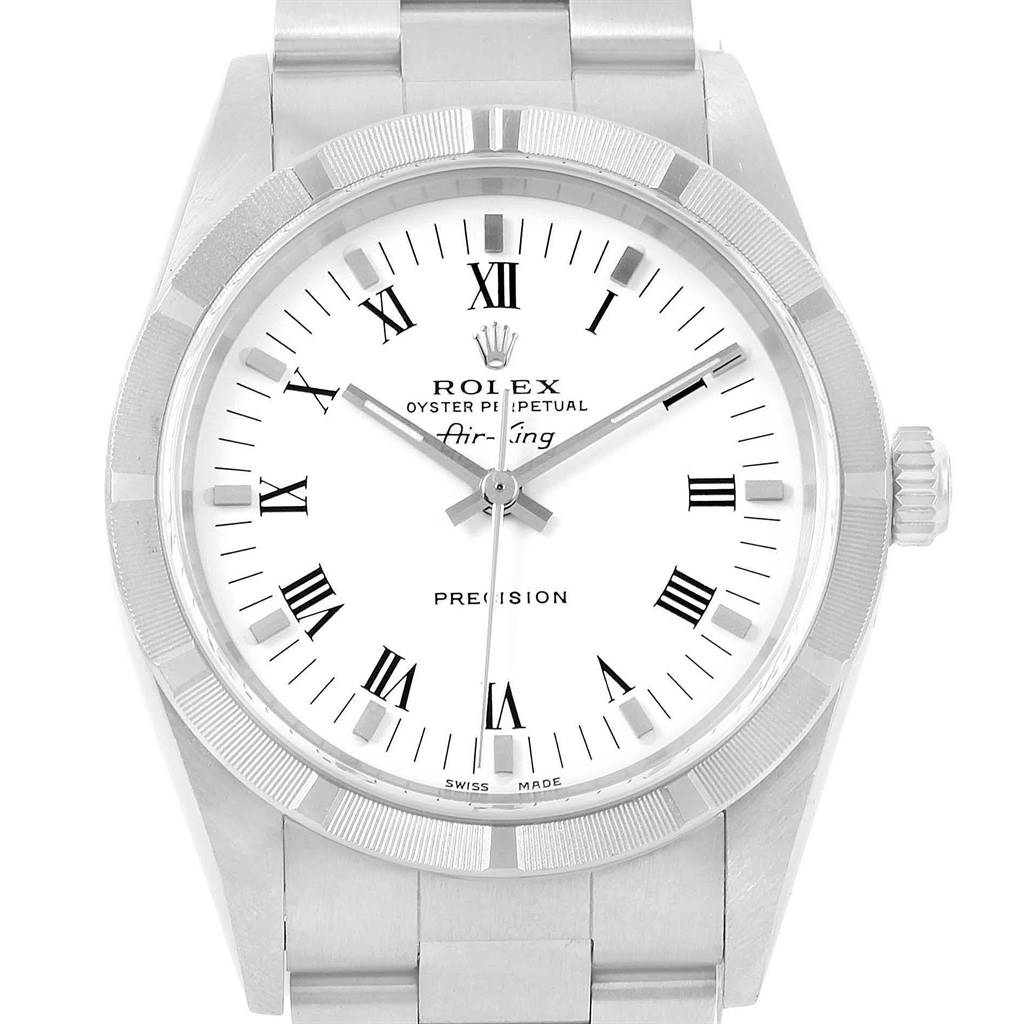 This image shows a frontal view of the Rolex Air-King 14010 Men's Stainless Steel White Dial 14010 Men's Stainless Steel White Dial watch, displaying the face, bezel, and part of the bracelet.