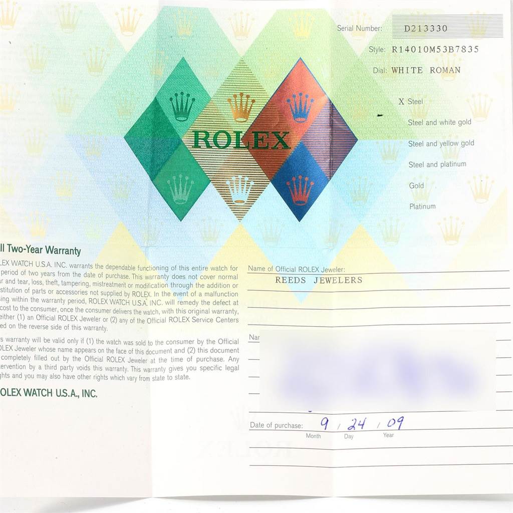 The image shows a warranty card for a Rolex Air-King 14010 Men's Stainless Steel White Dial 14010 Men's Stainless Steel White Dial watch.