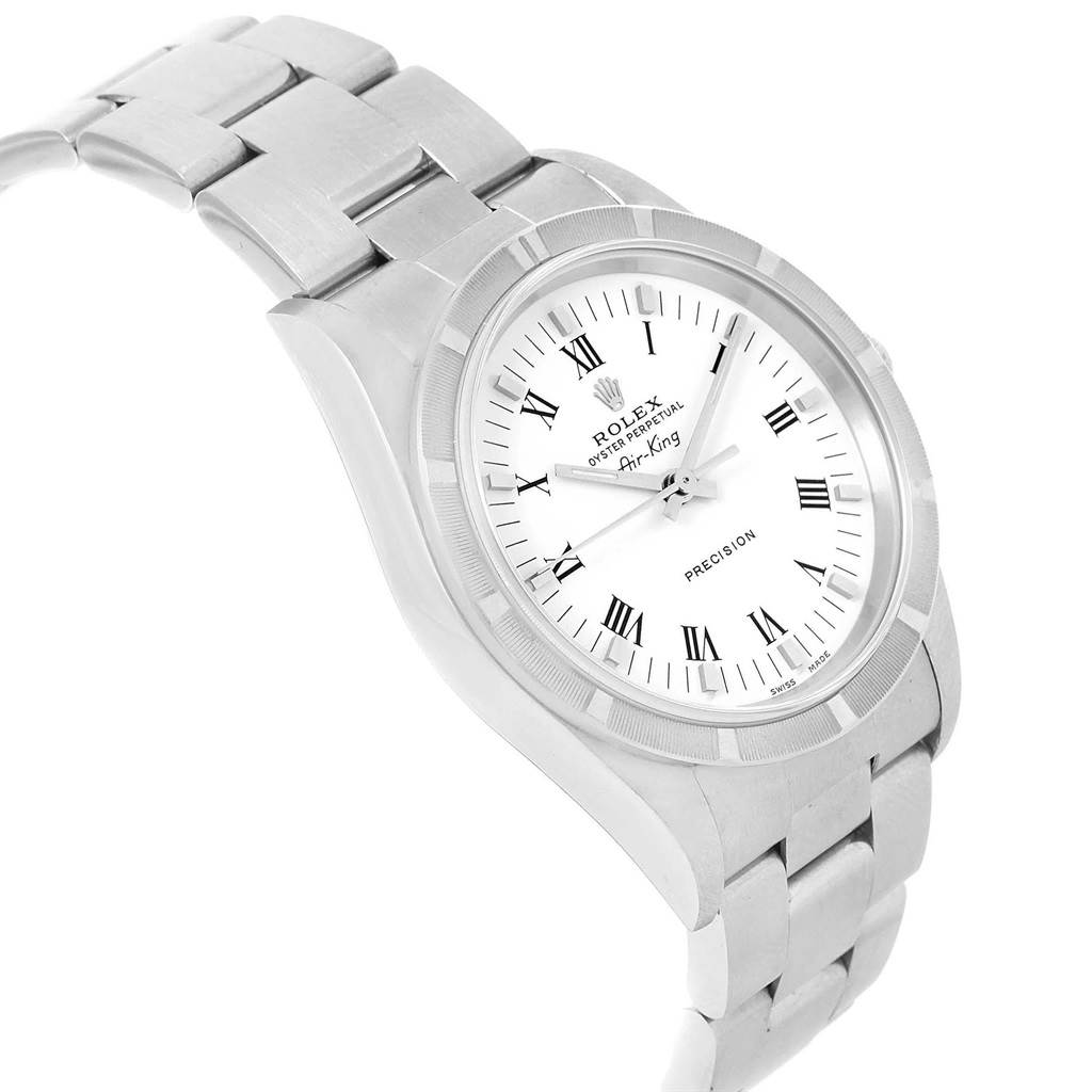 The image shows a side angle of the Rolex Air-King 14010 Men's Stainless Steel White Dial 14010 Men's Stainless Steel White Dial watch, displaying its bracelet, bezel, and Roman numeral dial clearly.