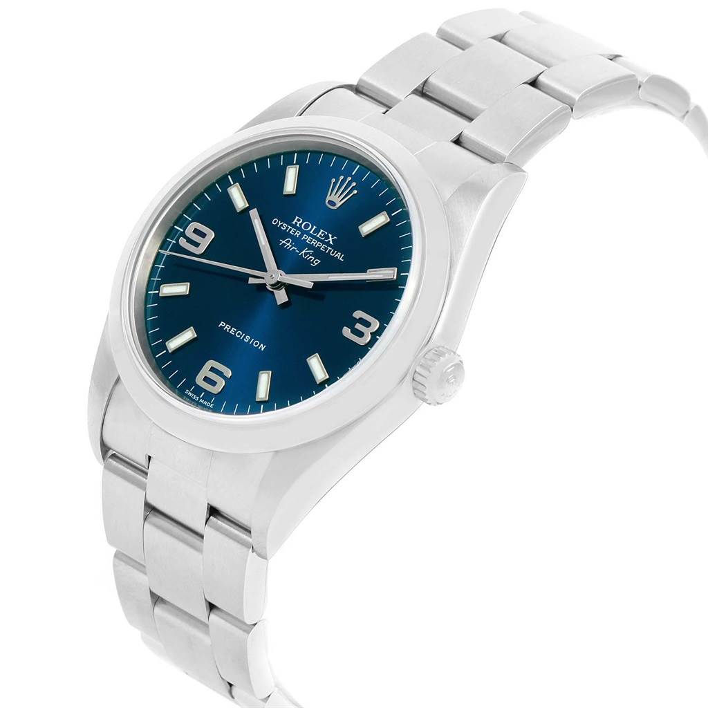 This image shows a Rolex Air-King A643381 Men's Stainless Steel Blue Dial A643381 Men's Stainless Steel Blue Dial watch from a front angle, highlighting the face, bezel, bracelet, and crown.