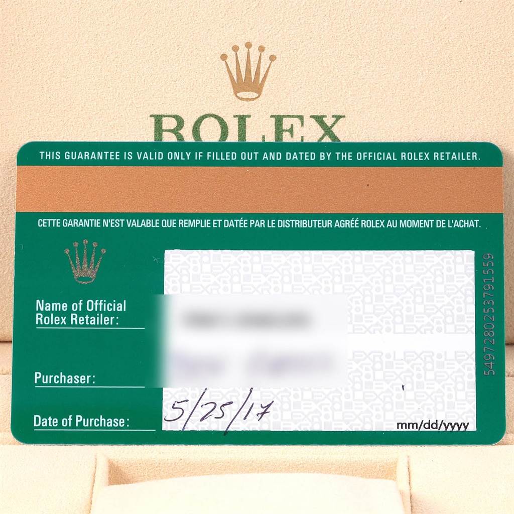 This image shows the guarantee card for a Rolex Air-King 116900 Men's Stainless Steel Black Dial 116900 Men's Stainless Steel Black Dial, displaying information such as the retailer's name and the purchase date.