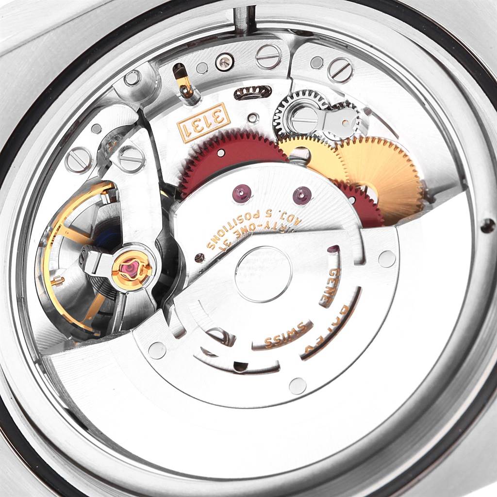 The image shows a close-up of the movement mechanism of a Rolex Air-King 116900 Men's Stainless Steel Black Dial 116900 Men's Stainless Steel Black Dial watch.