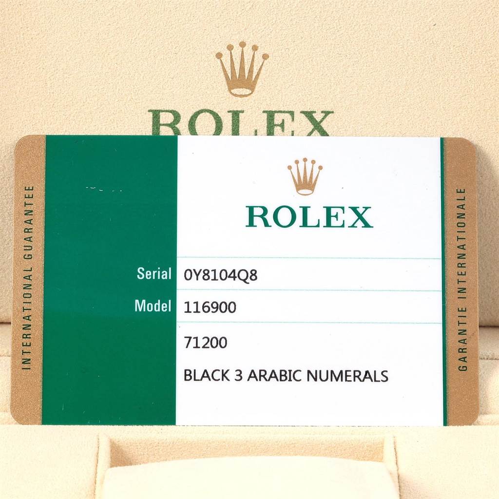 This image shows an international guarantee card for the Rolex Air-King 116900 Men's Stainless Steel Black Dial 116900 Men's Stainless Steel Black Dial model 116900 with serial number 0Y8104Q8.
