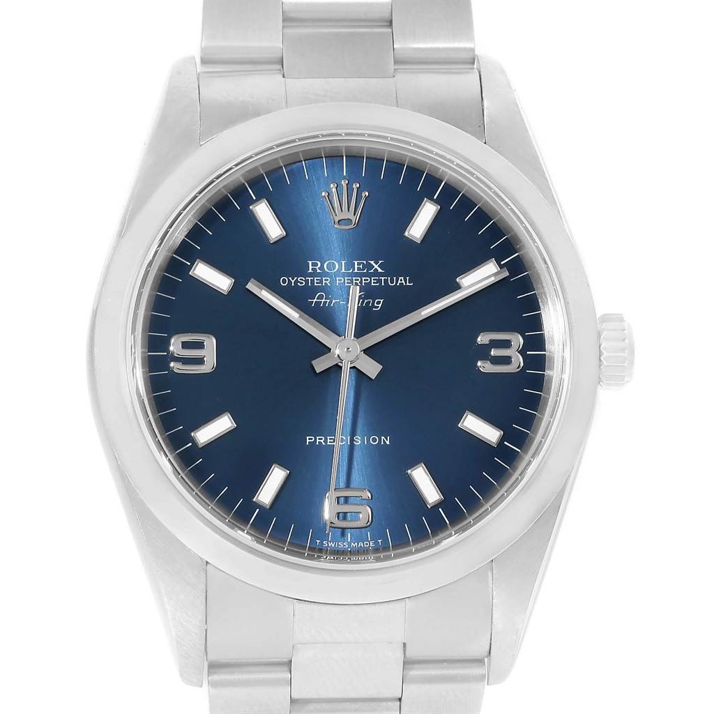 The image shows a front view of a Rolex Air-King 14000 Men's Stainless Steel Blue Dial 14000 Men's Stainless Steel Blue Dial watch, displaying its blue dial, hour markers, hands, and part of the metal bracelet.