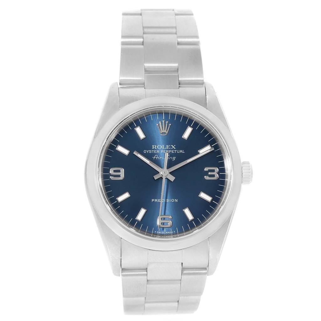 The photo shows a Rolex Air-King 14000 Men's Stainless Steel Blue Dial 14000 Men's Stainless Steel Blue Dial watch from a front angle, highlighting the dial, hands, case, and bracelet.