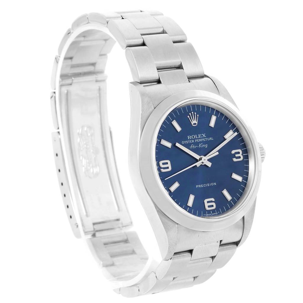 A Rolex Air-King 14000 Men's Stainless Steel Blue Dial 14000 Men's Stainless Steel Blue Dial watch is shown at a three-quarter angle, highlighting its face, bezel, crown, and part of its bracelet.
