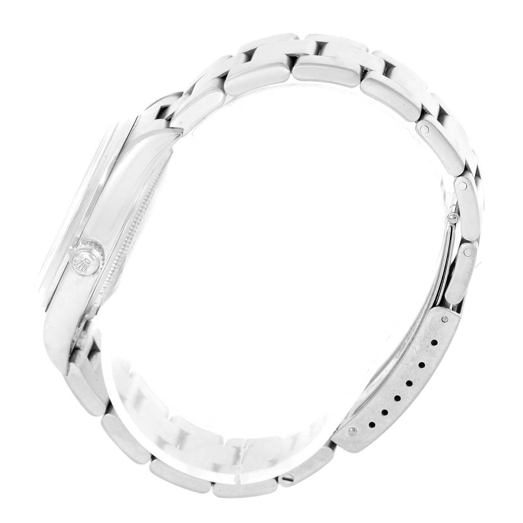 The image shows a side view of the Rolex Air-King 14000 Men's Stainless Steel Blue Dial 14000 Men's Stainless Steel Blue Dial watch, highlighting its case, crown, and bracelet.