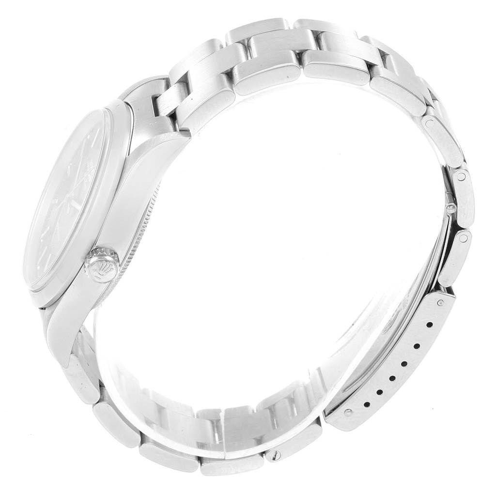 The image shows a side angle of the Rolex Air-King 14000 Men's Stainless Steel Black Dial 14000 Men's Stainless Steel Black Dial watch, highlighting the watch case, crown, and stainless steel bracelet.