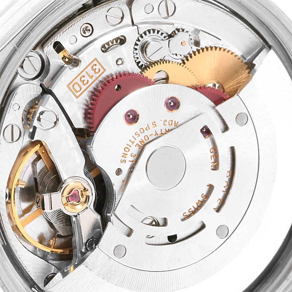 This close-up image shows the intricate movement and gears of a Rolex Air-King 14000 Men's Stainless Steel Black Dial 14000 Men's Stainless Steel Black Dial watch from the back.