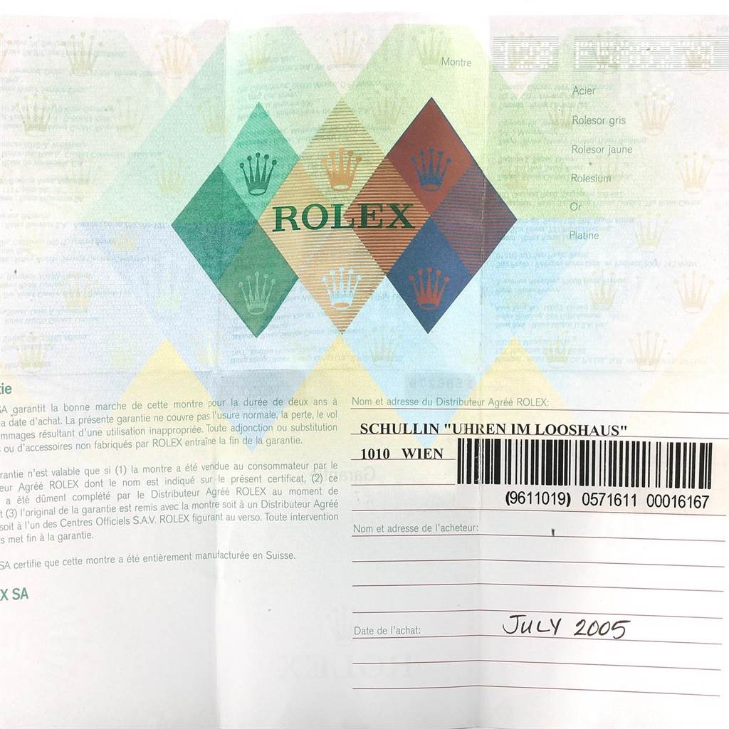 The image shows a warranty certificate for a Rolex Air-King 14000 Men's Stainless Steel Black Dial 14000 Men's Stainless Steel Black Dial watch, with text and logos, and the purchase details filled out.
