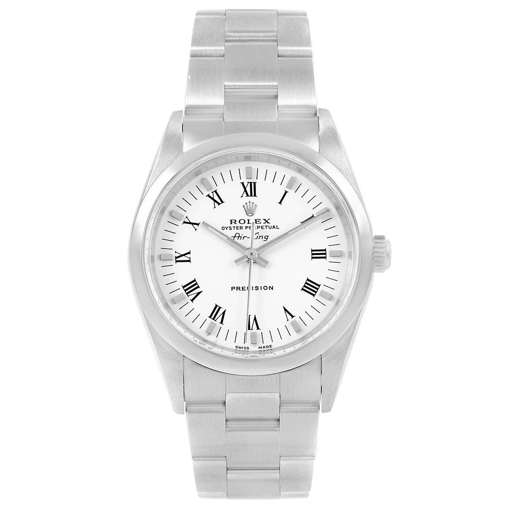 The image shows a front view of a Rolex Air-King 14000 Men's Stainless Steel White Dial 14000 Men's Stainless Steel White Dial watch, highlighting its face, bezel, crown, and bracelet.