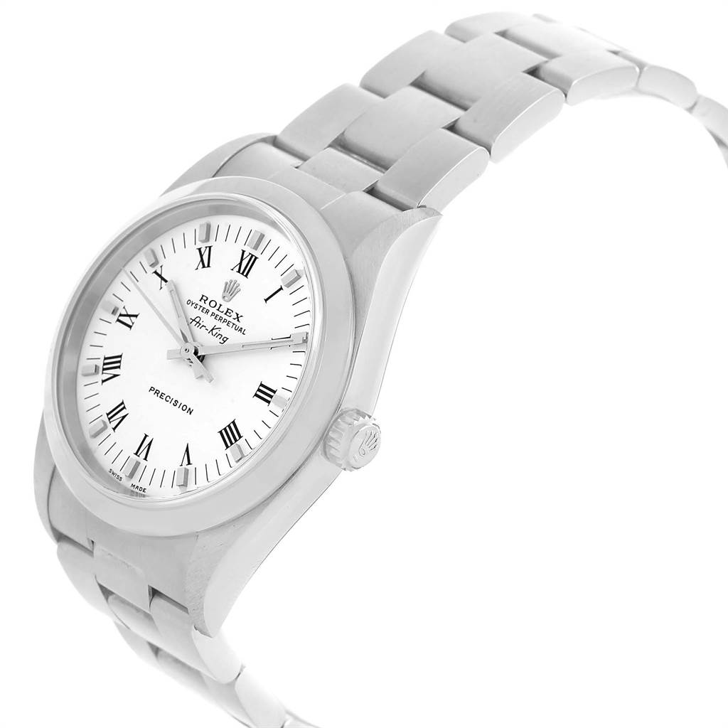 The image shows a Rolex Air-King 14000 Men's Stainless Steel White Dial 14000 Men's Stainless Steel White Dial watch at a slight side angle, highlighting the dial, crown, and bracelet.