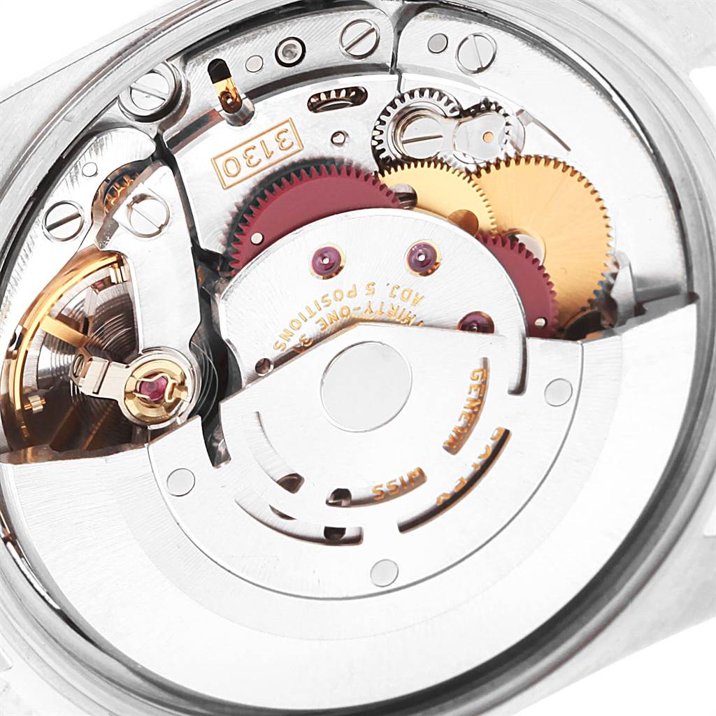 This image shows a close-up, internal view of the movement mechanism of a Rolex Air-King 14000 Men's Stainless Steel White Dial 14000 Men's Stainless Steel White Dial watch.