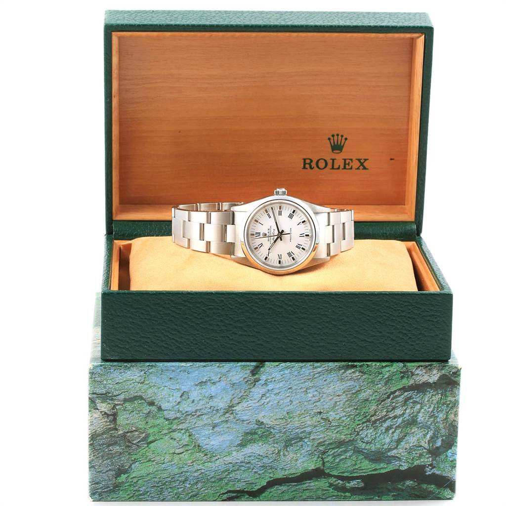 The Rolex Air-King 14000 Men's Stainless Steel White Dial 14000 Men's Stainless Steel White Dial watch is displayed front-on in an open Rolex box.