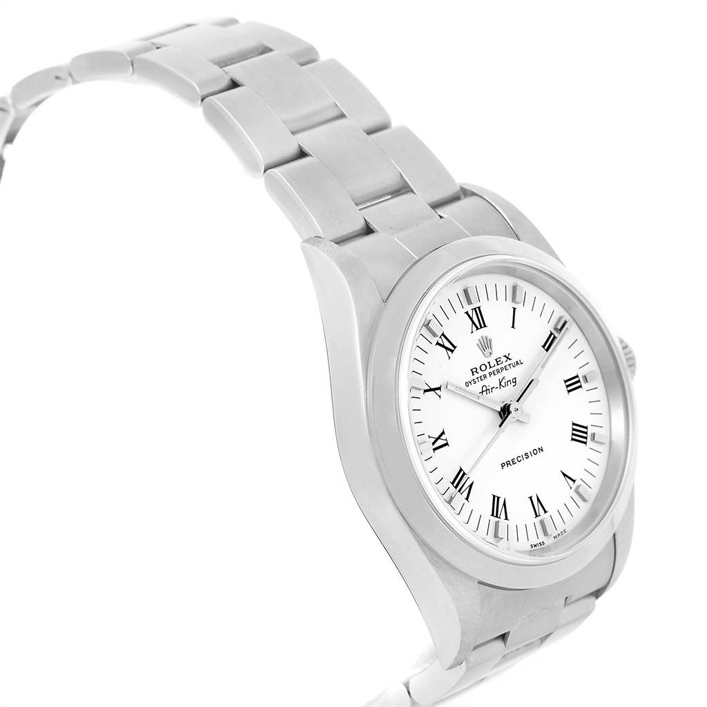 The image shows a front angle view of a Rolex Air-King 14000 Men's Stainless Steel White Dial 14000 Men's Stainless Steel White Dial watch, including the face, bezel, and part of the bracelet.