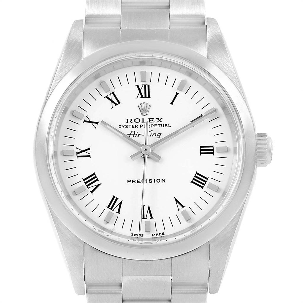 The image shows a front view of the Rolex Air-King 14000 Men's Stainless Steel White Dial 14000 Men's Stainless Steel White Dial watch, highlighting its face, bezel, and part of the bracelet.