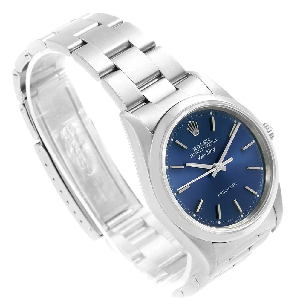 The Rolex Air-King 14000 Men's Stainless Steel Blue Dial 14000 Men's Stainless Steel Blue Dial watch is shown at an angle highlighting the stainless steel band, blue dial, and crown.