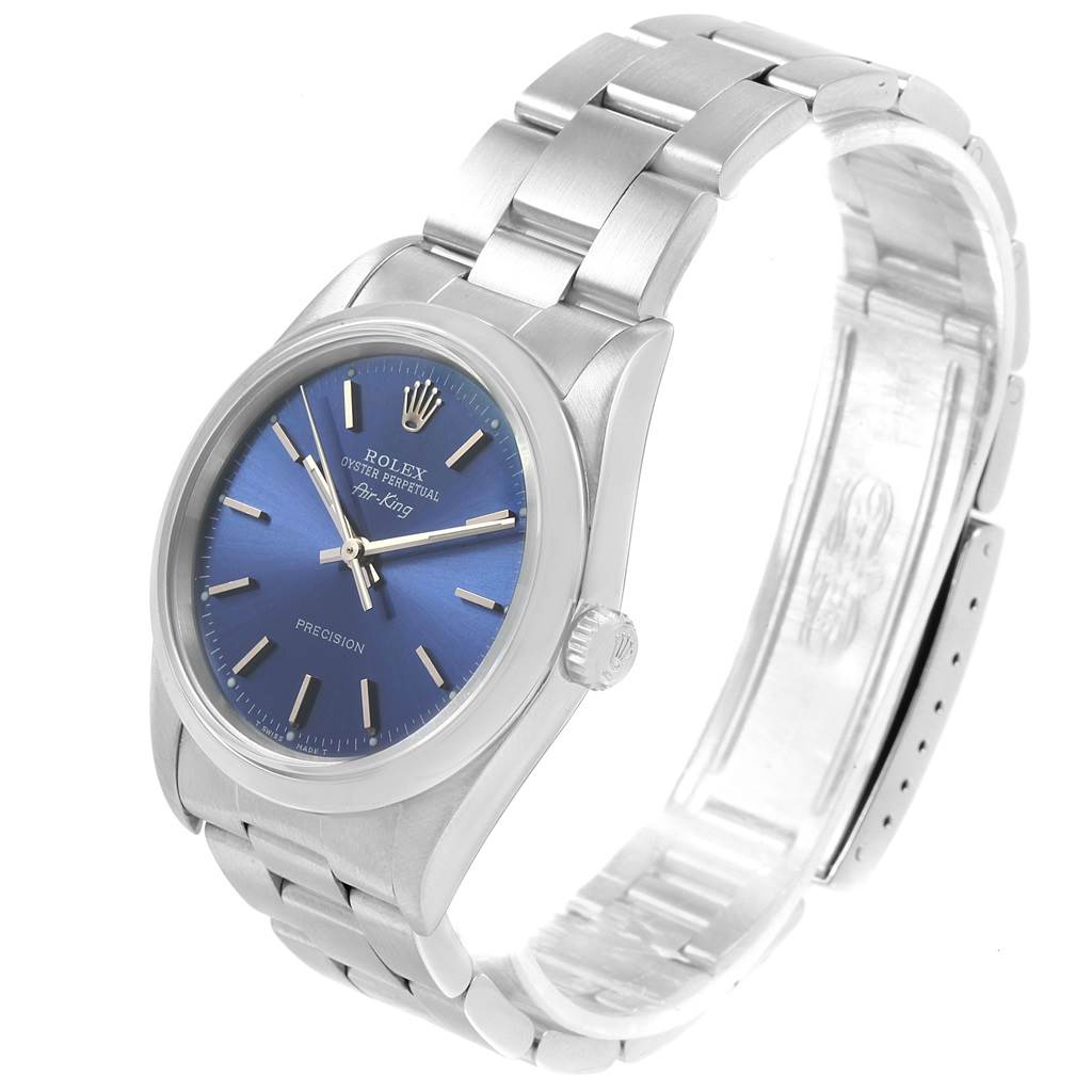 The image shows an angled view of a Rolex Air-King 14000 Men's Stainless Steel Blue Dial 14000 Men's Stainless Steel Blue Dial watch, highlighting its face, bezel, bracelet, and crown.