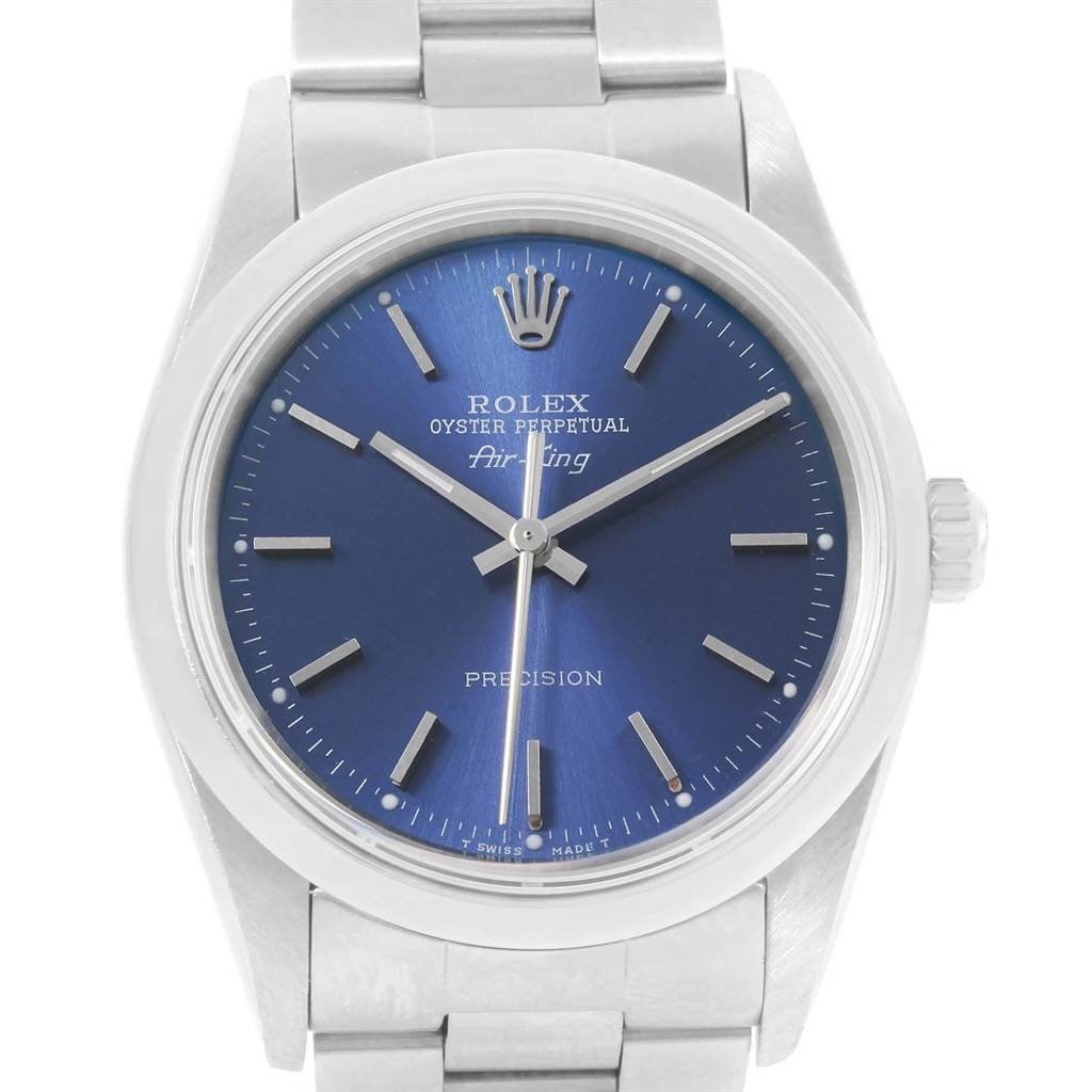 The image shows a front view of the Rolex Air-King 14000 Men's Stainless Steel Blue Dial 14000 Men's Stainless Steel Blue Dial watch displaying the blue dial, hour markers, crown, and bracelet.