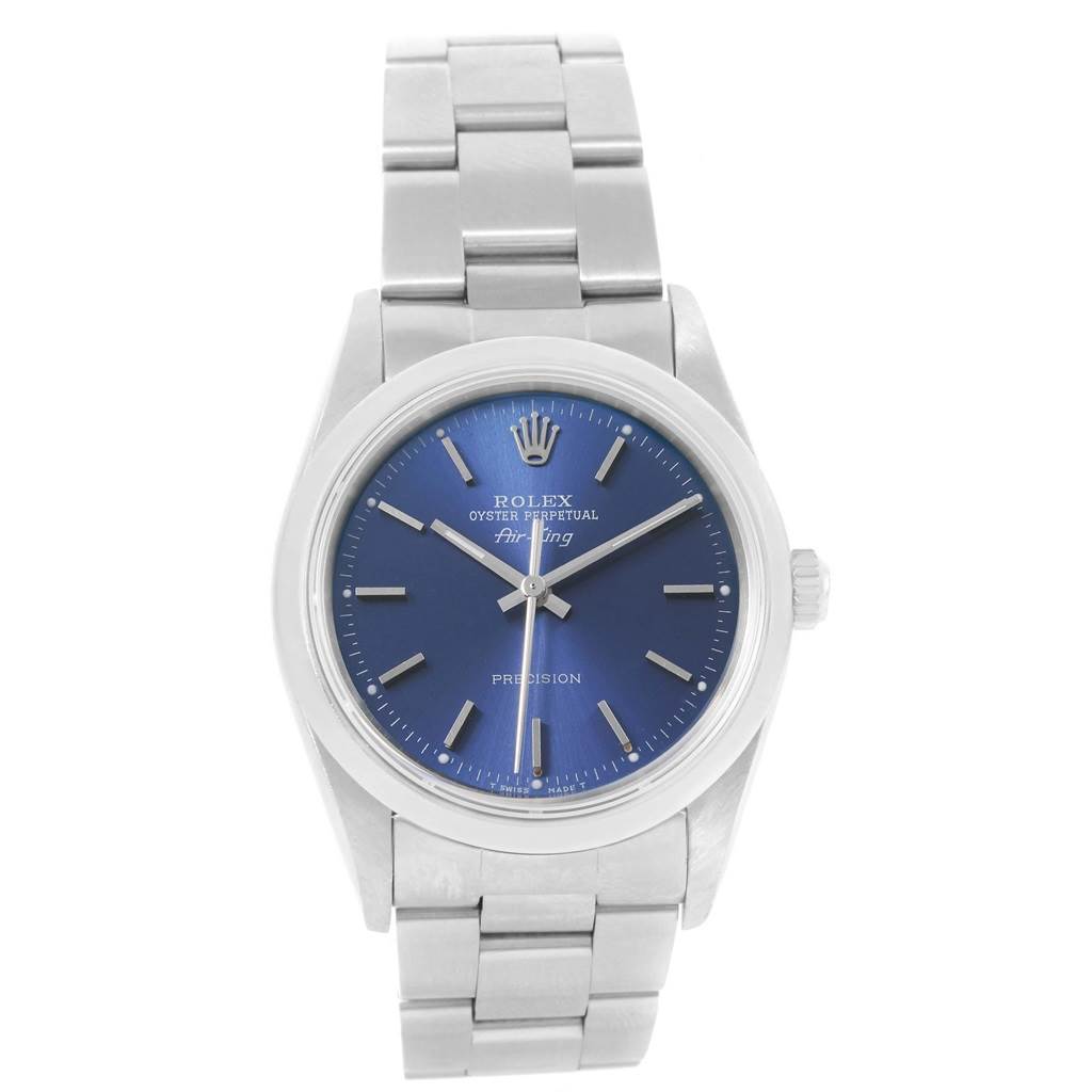 The image shows a front view of a Rolex Air-King 14000 Men's Stainless Steel Blue Dial 14000 Men's Stainless Steel Blue Dial watch, displaying its blue dial, case, and metal bracelet.