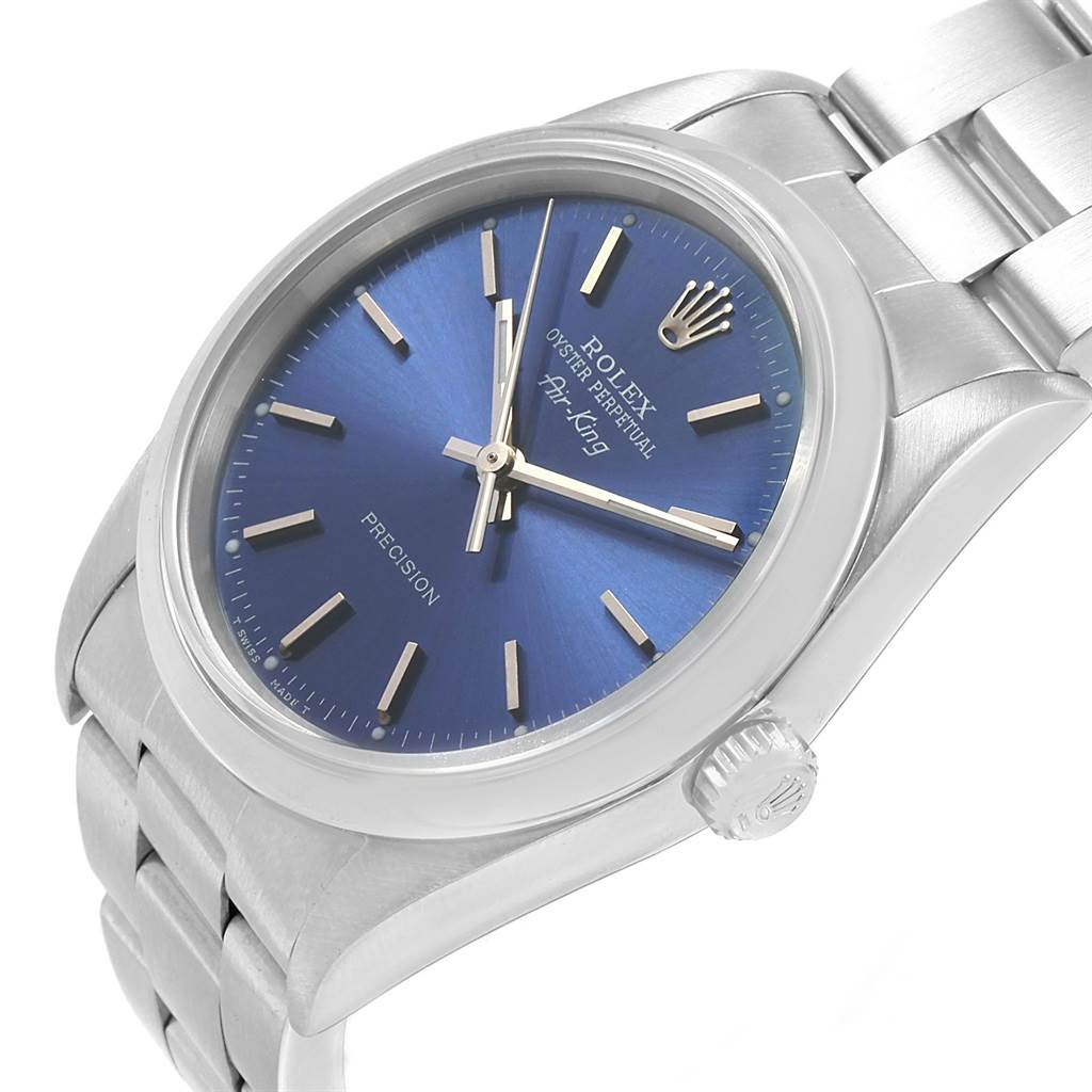 The image shows a Rolex Air-King 14000 Men's Stainless Steel Blue Dial 14000 Men's Stainless Steel Blue Dial watch at a slight angle, highlighting the dial, crown, and part of the bracelet.