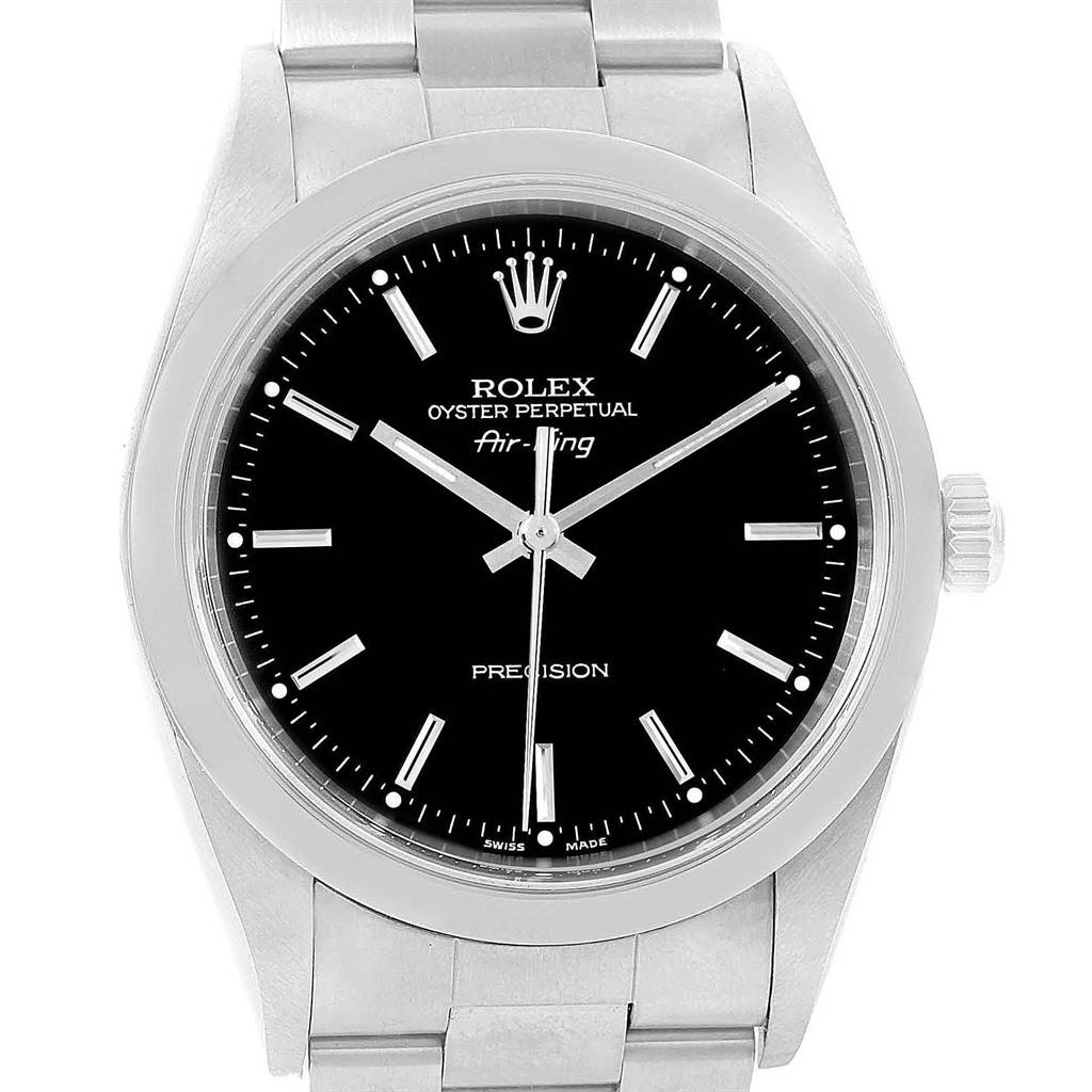The image shows a front view of the Rolex Air-King 14000 Men's Stainless Steel Black Dial 14000 Men's Stainless Steel Black Dial watch, highlighting its black dial and silver metal bracelet.