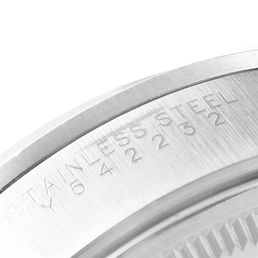 This close-up image shows the engraved stainless steel back of the Rolex Air-King 14000 Men's Stainless Steel Black Dial 14000 Men's Stainless Steel Black Dial watch.
