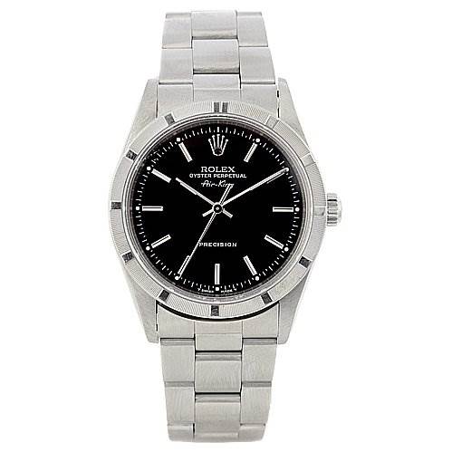 The Rolex Air-King 14010 Men's Stainless Steel Black Dial 14010 Men's Stainless Steel Black Dial watch is shown from a front angle, highlighting its black dial, bezel, case, and bracelet.