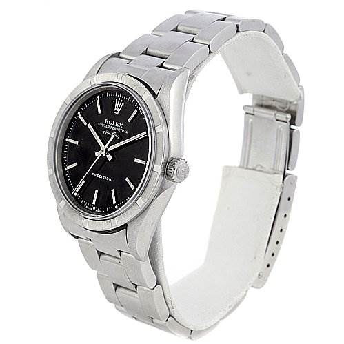 The image shows a Rolex Air-King 14010 Men's Stainless Steel Black Dial 14010 Men's Stainless Steel Black Dial watch at a three-quarter angle, displaying the face, crown, and bracelet.