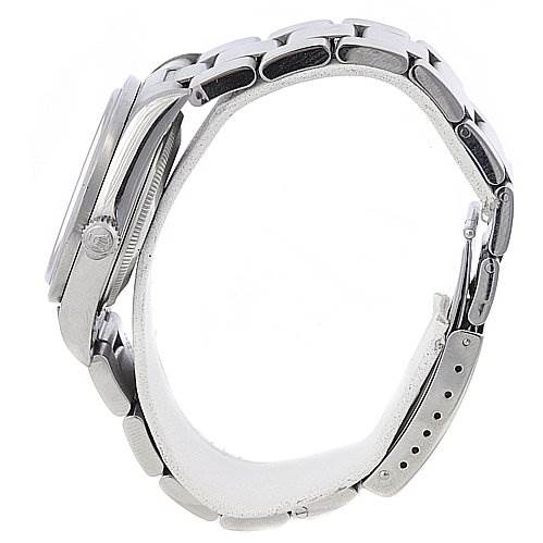 The image shows a side view of the Rolex Air-King 14010 Men's Stainless Steel Black Dial 14010 Men's Stainless Steel Black Dial watch, highlighting its bracelet, case, and crown.