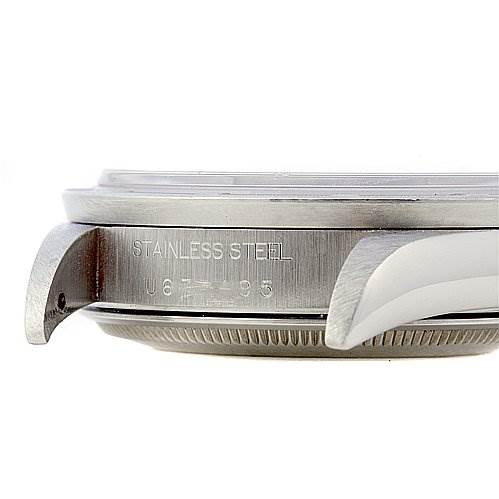 The image shows a close-up side view of the stainless steel case, lugs, and bezel of a Rolex Air-King 14010 Men's Stainless Steel Black Dial 14010 Men's Stainless Steel Black Dial watch.